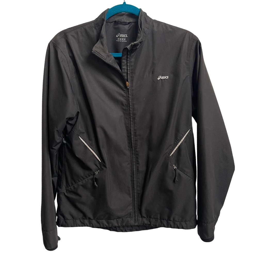 Asics Windbreaker Jacket Womens Medium Black Gorpcore Full Zip Reflective Mesh